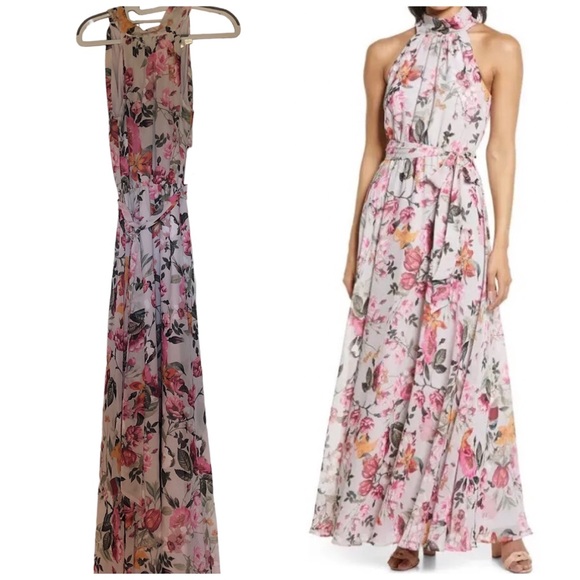 NWT Sleeveless Halter Neck Floral Gown Pink Size 8 Eliza J - Picture 6 of 8